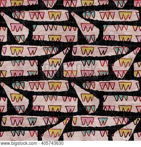 Seamless Dark Geometric Block Print Background. Boho Ethnic Soft Furnishing Fabric Style. Tie Dye Pa