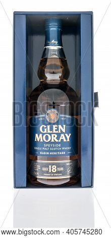 Winneconne, Wi -22 January 2021: A Bottle Of Glen Moray Speyside Single Malt Scotch Whisky On An Iso