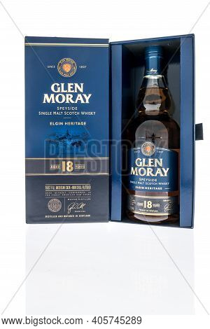 Winneconne, Wi -22 January 2021: A Bottle Of Glen Moray Speyside Single Malt Scotch Whisky On An Iso
