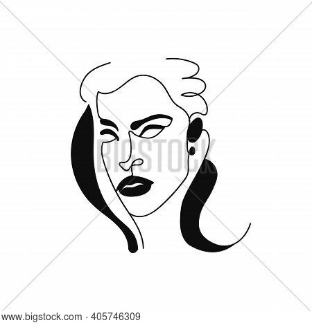 Elegant Minimalist Portrait Continuous Silhouette Art. Contemporary Portrait. Long Hair, Looks Strai