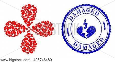 Broken Heart Centrifugal Abstract Flower, And Blue Round Damaged Unclean Seal With Icon Inside. Obje