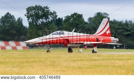 Fairford, Uk - 15th July 2017: A Patrouille Suisse Northrop F5 Jet Aircraft Ready To Take Off