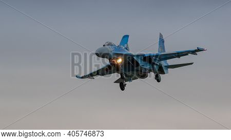 Fairford, Uk - 15th July 2017: A Sukhoi Su-27 Flanker Fighter Aircraft In Flight