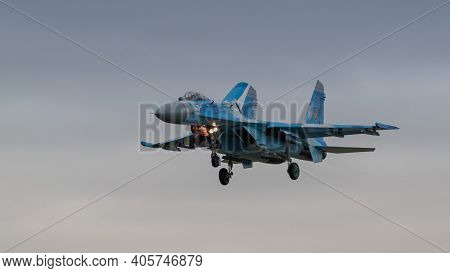 Fairford, Uk - 15th July 2017: A Sukhoi Su-27 Flanker Fighter Aircraft In Flight
