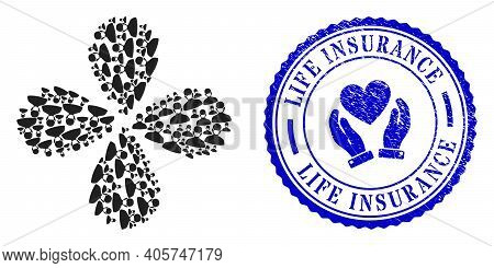 Coronavirus Face Mask Curl Abstract Flower, And Blue Round Life Insurance Dirty Watermark With Icon 