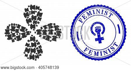 Lady Dress Swirl Flower Shape, And Blue Round Feminist Dirty Stamp Print With Icon Inside. Element F