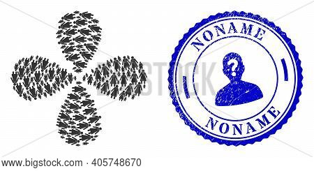 Old Woman Twirl Flower With Four Petals, And Blue Round Noname Textured Stamp Seal With Icon Inside.