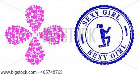 Girl Curl Flower With Four Petals, And Blue Round Sexy Girl Corroded Watermark With Icon Inside. Obj