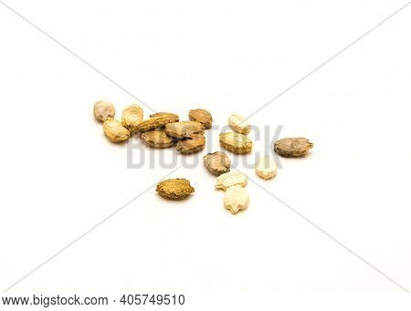 Top View Pile Of Bitter Melon Momordica Charantia Seeds Isolated On White Background