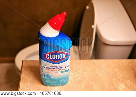 Bemidji, Mn - 30 Jan 2021: Clorox Toilet Bowl Cleaner In A Plastic Container On A Counter, Next To A