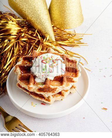 Birthday Party Waffles With Youghurt And Colorful Sprinkles