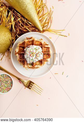 Birthday Party Waffles With Youghurt And Colorful Sprinkles On Pastel Background
