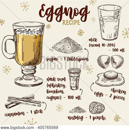 Vector Hand Drawn Illustration Of Eggnog Recipe With List Of Ingredients. Hot Drinks Eggnog Recipe, 