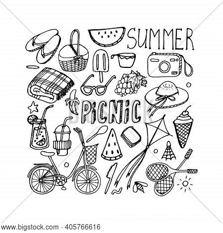 Summer Picnic Doodle Set. Various Meals, Drinks, Objects, Sport Activities. Vector Illustration Isol