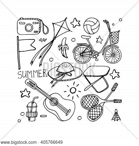Elements With Summer Outdoor Activities In Doodle Style. Bicycle, Rackets, Ball And Other Attributes