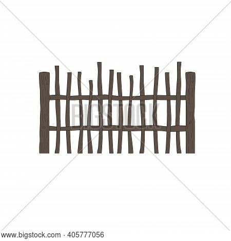 Antique Wooden Cartoon Fence Made Of Sticks Logs Branches. Stock Vector Flat Illustration Isolated O