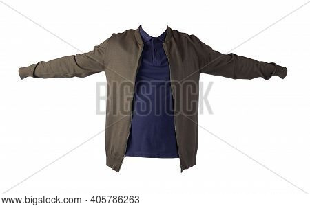 Dark Green Men's Knitten Bomber Jacket And Dark Blue  Shirt Isolated On White Background. Fashionabl