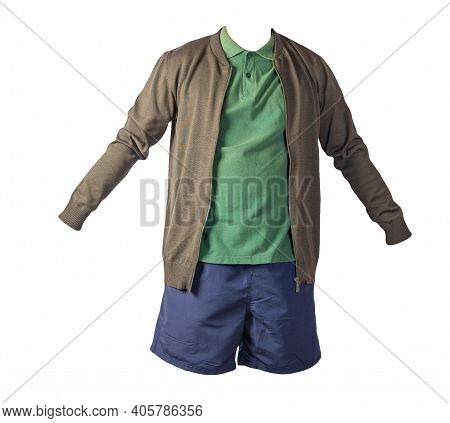 Men's  Dark Green Knitten Bomber Jacket,dark Green  Shirt And Dark Blue Sports Shorts Isolated On Wh