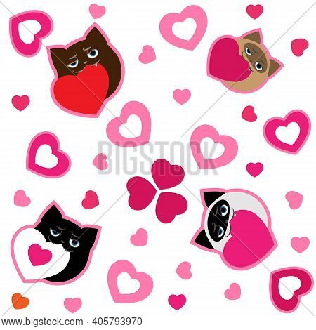 Romantic Vector Seamless Pattern With Funny Cartoons Cats And Hearts On White Background.