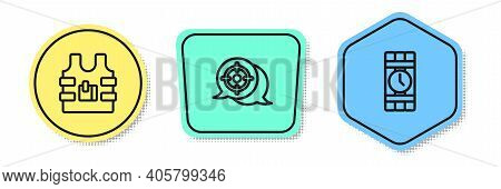 Set Line Bulletproof Vest, Target Sport And Dynamite And Timer Clock. Colored Shapes. Vector