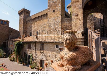 Decorative Statue At The Entrance To The Castle Of Bolsena, Lazio, Italy