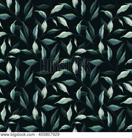 Tidewater Green Watercolor Seamless Pattern With Tree, Branches, Palm Leaves, Plants And Leaf On Nav