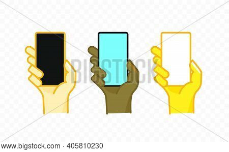 Different Color Hand Gesture Comic Style Vector Icon. Smartphone In A Hand