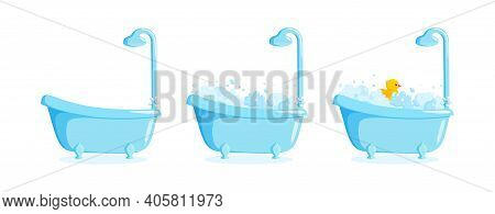 Bathtub With Suds And Rubber Duck And Shower. Clawfoot Tub Set With Duck, Bubbles And Foam. Vector I