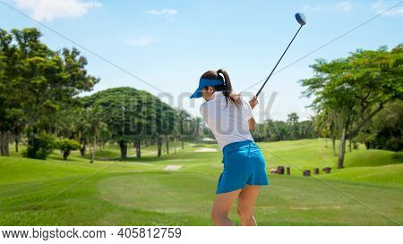 Golfer Sport Course Golf Ball Fairway. People Lifestyle Woman Playing Game Golf Tee Of On The Green 