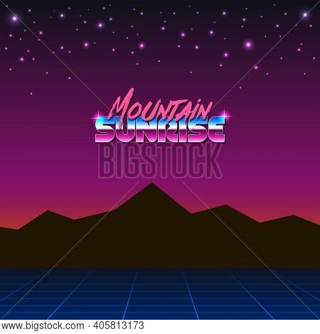 Colorful Simple Vector Illustration In Retro Futurism Style Of 1980s Of Mountains Landscape Under Mo
