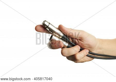Male Person Hold Xlr Audio Wires Isolated On A White Background. Sound Equipment For Concert. Copy S