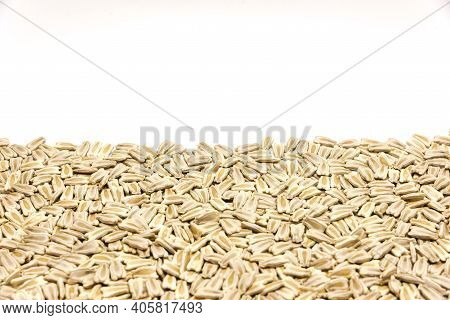 Close-up Pile Of Opo Gourd Or Calabash Squash Seeds Isolated On White Background With Copy Space