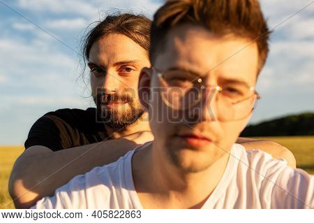 White European Models Boys Close-up Portrait Outside