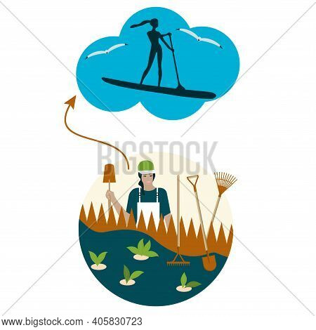 Travel Planning. Surfing Dream - Woman Plants A Plant In The Country - Vector. Hypothetical Vacation