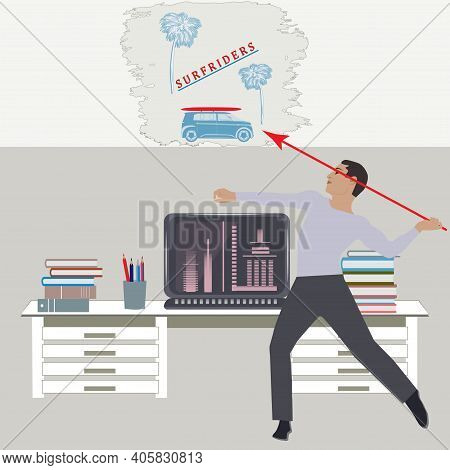 Dream Of Going To The Sea - Freelancer, Telecommuting, Apartment, Workplace - Vector Travel Planning