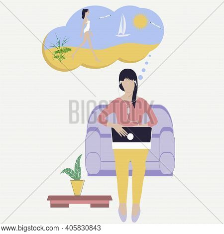 Travel Planning. Dream Of A Trip To The Sea - Freelancer, Woman Sits In A Chair With Laptop, Telewor