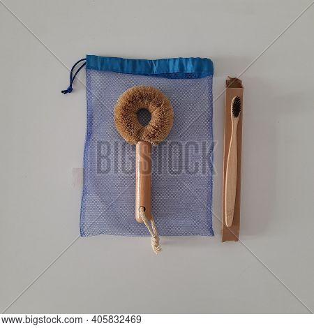 Dish Washing Brushes, Bamboo Toothbrushes, Reusable Bags. Sustainable Lifestyle Zero Waste Concept. 