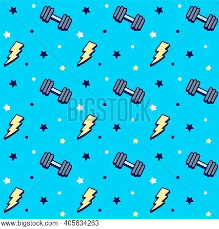 Cartoon Fitness Weightlifting Pattern With Dumbbells, Lightning Bolts And Stars. Cute Hand Drawn Doo