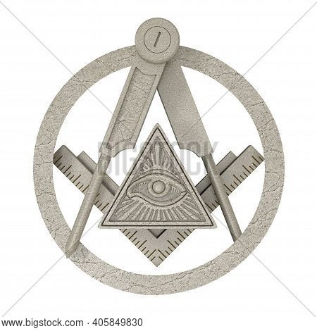 Masonic Freemasonry Stone Square And Compass With All Seeing Eye Inside Pyramid Triangle Emblem Icon