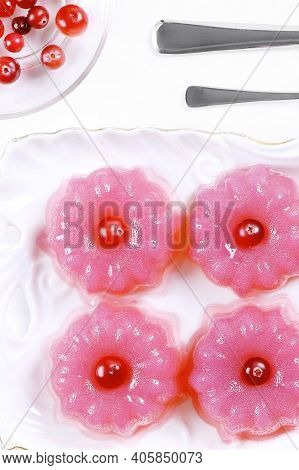Berry Pudding On A White Background.fruit Jelly. Flat Lay. Pudding Of Cranberries. Vegan Food. Healt