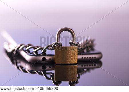 Modern Smartphone With A Lock. Data Protection. Mobile Phone Security Concept.