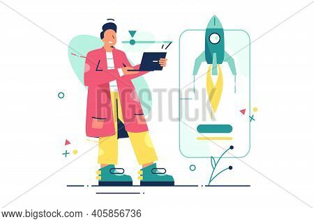 Man Working On Startup Vector Illustration. Person Launch Rocket Via Laptop Flat Style. Modern Proje