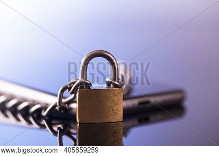 Modern Smartphone With A Lock. Data Protection. Mobile Phone Security Concept.
