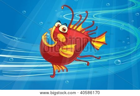 Illustration af en skræmmende fisk i det blå hav