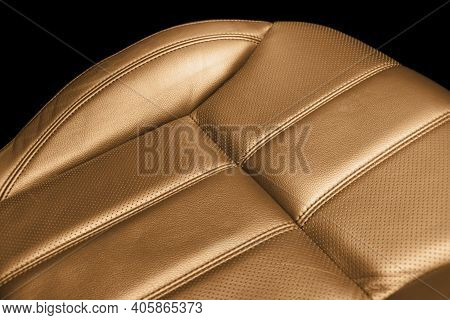 Modern Luxury Car Brown Leather Interior. Part Of Orange Perforated Leather Car Seat Details With Wh