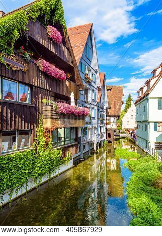 Old Street In Ulm City, Germany. Nice View Of Beautiful Houses In Historical Fisherman`s Quarter. Th