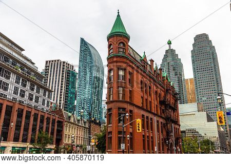 Toronto, Canada - April 2, 2020: Gooderham Building In Toronto At Cloudy Day, Ontario, Canada