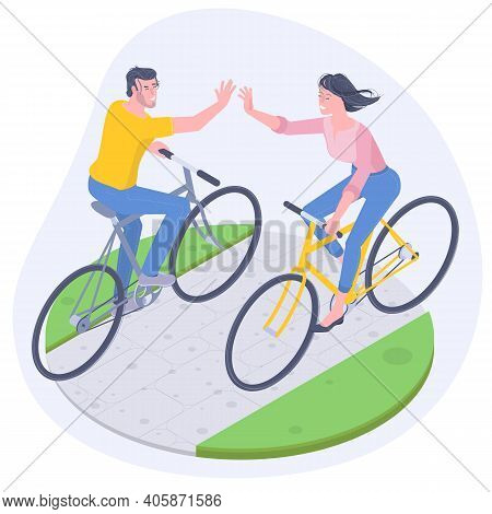 Young Man And Woman Cycling On Countryside Summer Sunny Road And Giving High Five Hand. Flat Isometr