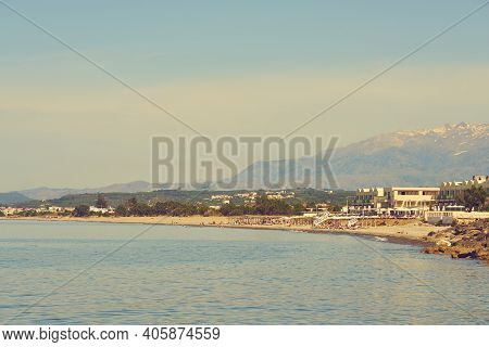 The Mediterranean Coast On The Island Of Crete In Kolimbari. Copy Space.