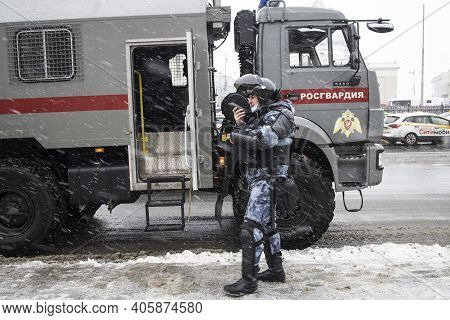 Moscow, Russia - 31 January 2021, Mass Protests In Russia Call For Alexei Navalny's Release. A Polic